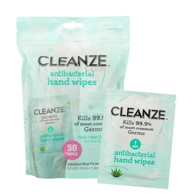 Cleanze Antibacterial Hand Sanitizing Individual Hand Wipe Packets, 50 Unscented Disinfecting Hand Sanitizer Wipes with Aloe for Travel, Kills 99.9% of Germs