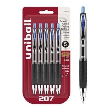 Uni-Ball Signo 207 Blue Retractable Gel Pens 5 Pack with Medium 0.7mm Points, Fraud Proof Office, Nursing, Business, School, Bible Pens