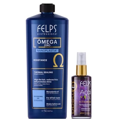 Kit Felps Professional Omega Zero Hair Treatment Kit, Nanoplastia Resistance 33.8fl.oz with Acai Oil 2.03fl.oz, Brazilian Straightening Treatment, Formaldehyde Free