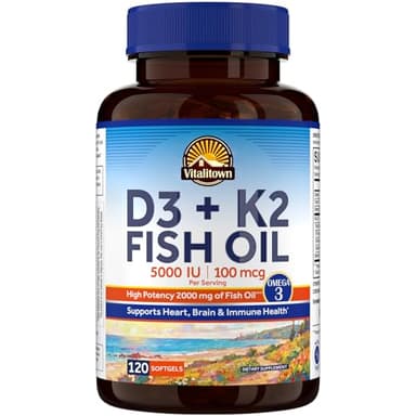 Vitalitown Vitamin D3 K2 with Fish Oil Omega-3 Supplements, 1000mg EPA DHA Omega 3 Fatty Acids from Fresh Wild Caught Fish, Support for Heart & Brain Health, 120 Softgels