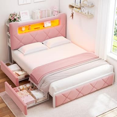 Full Upholstered LED Bed Frame with 2 Storage Drawers and 2-Tier Storage Headboard, Velvet Princess Platform Bed with Charging Station & Bookcase, Heavy Duty Metal Support, No Box Spring Needed, Pink