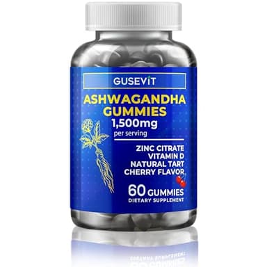 Gusevit Ashwagandha Gummies 1,500mg with Vitamin D & Zinc | Vegan Ashwaghandha Supplement for Mood & Immune Support, Focus & Relaxation | Gluten-Free, Non-GMO | Cherry Flavor, 60 Ct
