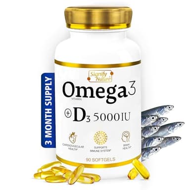 SIGNIFY NATURE Omega 3 Fish Oil Supplement with Vitamin D3 5000 IU - 1000mg Triglyceride Capsules for Brain Health - Omega3 EPA DHA + VIT D 3-90CT