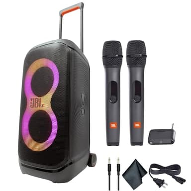 JBL PartyBox Stage 320 (Black) - 240W Portable Wireless Splash Proof Speaker - 12 Hours of Playtime - Powerful Sound and deep bass + Two Microphone System + AUX Cable - Party Karaoke Kit