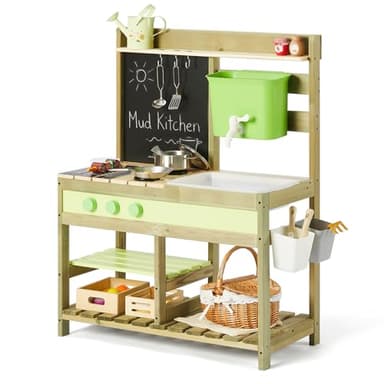 Giant bean Mud Kitchen for Kids Outdoor, Wooden Kitchen Playset with 4.8L Large Water Tank Sink, Sand and Water Table Toy with Pots, Pans & Kitchen Accessories, Pretend Playset for Boys Girls 3+
