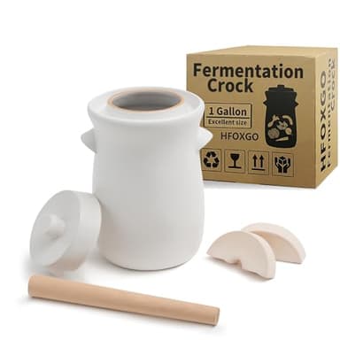 Fermentation Crock 3.8Liter/1 Gallon Stoneware Pot for Fermenting, Pickling Kimchi, Pickles, Vegetables, Kombucha - Glazed Fermenter with Stone Weights, Lid & Pickle Tamper-White Crock