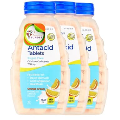 Extra Strength Sugar-Free Antacid Chewable Tablets, Orange Cream, 750 mg, 90 Count (Pack of 3) Total 270 Count