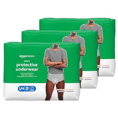 Amazon Basics Incontinence Underwear for Men, Maximum Absorbency, Small/Medium, 60 Count (3 Packs of 20)