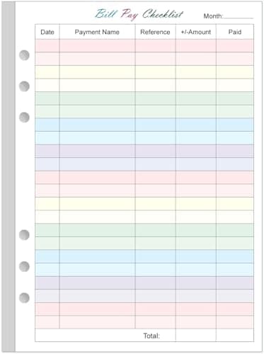 Payment Checklist Refills - 50 Sheets/100 Pages Colorful Monthly Budget Forms for A5 Binder, 6 Hole Punched, 100 gsm White Paper, 5.8" x 8.3"