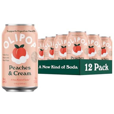 OLIPOP Prebiotic Soda Pop, Peaches & Cream, A New Kind of Soda Packed with Prebiotics, Fiber, and Botanicals, Gluten Free, Vegan, GMO Free, 12oz (12-Cans)