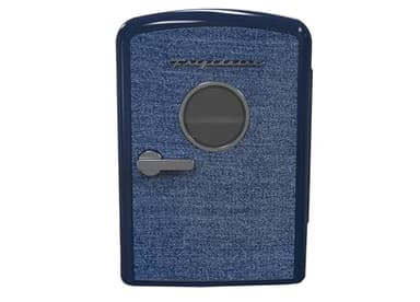 Frigidaire Mini Personal Fridge Cooler, 1 Gal Capacity fits 9 Cans, Includes Plugs for Home Outlet & DC Charger - 9.84" D x 7.09" W x 10.35" H, Indigo Denim Fabric Door