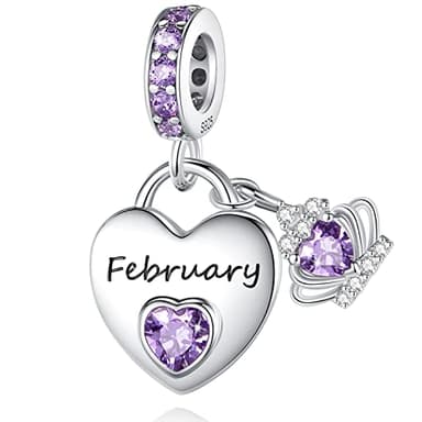 925 Sterling Silver Birthstone Charms for Charms Bracelet: Heart Dangle Charms for Pandora Bracelets and Necklaces, March Birthstone Jewelry For Women (February)