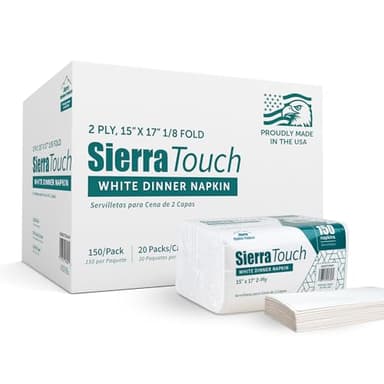 Sierra Touch Bright White 2-Ply Dinner Napkins, 15" x 17", 20 Packs of 150 Napkins, Case of 3,000