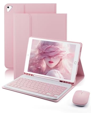 TUNKARMOR Keyboard Case for iPad 9.7 inch 6th/5th Generation, 2018/2017 Model, iPad Air 2 (2014) - Mouse and Detachable Keyboard for iPad Pro 9.7, Slim Case with Pen Holder - Pink