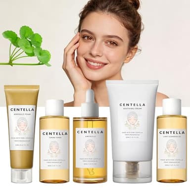Centella Skincare Set for Women & Teens with Toner, Ampoule, Soothing Cream, Cleansing Oil, Ampoule Foam - Travel Basic Skincare Trial Mini Kit Gift Box Holiday Korean Skin Care Set