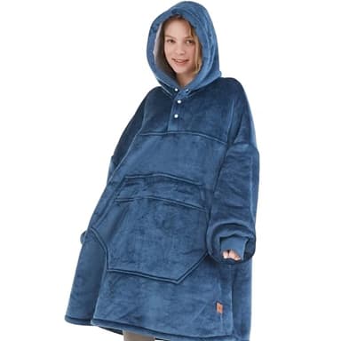 DEGREES OF COMFORT Original Sherpa Wearable Blanket Hoodie, Oversized Hooded Sweatshirt Blankets, One Big Size Fits All, 38x32 Navy Blue