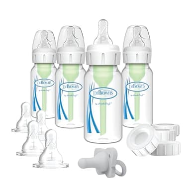 Dr. Brown's Anti-Colic Options+ Narrow Breast to Bottle Pump and Store Feeding Set with Slow Flow Nipples, Baby Bottle Travel Caps and 100% Silicone HappyPaci One-Piece Pacifier