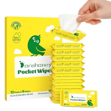 Dorahoney Unscented Travel Wet Wipes, 99% Purified Water Mini Wipes for Sensitive Skin, Hypoallergenic & Plastic-Free Pocket Wipes, 72 Count (12 Packs of 6)