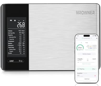 MrOwner Smart Food Kitchen Scale with Nutritional Calculator, Free App with 19 Nutrients Tracking, Calorie, Marco, Digital Weight Grams and Ounces for Weight Loss, Premium Stainless Steel, 22lb