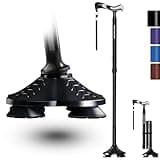 KingPavonini Walking Cane for Men Women Stability, Free Standing Foldable Cane, Ergonomic Handle Pivoting Quad Base, Heavy Duty 350 LBs, Adjustable Walking Canes for Seniors Balance with Travel Bag
