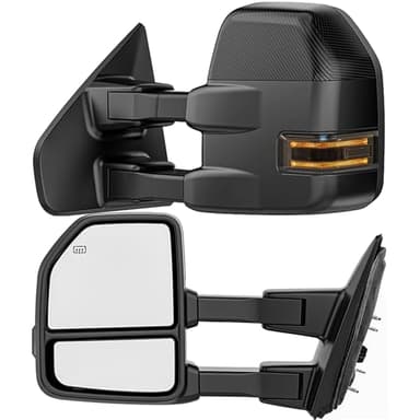 Smoked Power Heated Tow Mirrors Compatible with 2004-2014 Ford F150 F-150 Pickup Truck, Extended Trailer Towing Side Mirrors with LED Puddle Light, Carbon Fiber Grey Housing