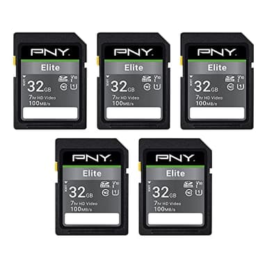 PNY 32GB Elite Class 10 U1 V10 SDHC Flash Memory Card - 100MB/s Read, Class 10, U1 Full HD, UHS-I, Full Size SD (Pack of 5)