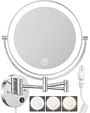 Benbilry 9" Large Wall Mounted Lighted Makeup Mirror, 1X/10X Magnifying Double-Sided Bathroom Mirror with 3 Color Lights, Touch Dimmable, Extended Arm 360 Rotation