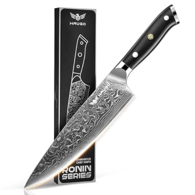 Damascus Chef Knife - Haugo 8 Inch Kitchen Knife with Japanese VG10 Steel Core - Full Tang Handle - Ultra Sharp Professional Cooking Knife - Ronin Series - Gift Box