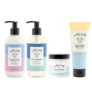 Tubby Todd Baby Bath & Skincare Kit - The Baby Bundle - Shampoo and Body Wash, Everyday Lotion 8.5 Oz, All Over Ointment 3.5 Oz & Diaper Paste Cream 7.9 Oz Gift Set - Lavender Rosemary