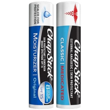 ChapStick Dry Lips & Cold Sore Pain Relief Bundle – Classic Medicated ChapStick + Original Moisturizer Lip Balm with SPF 15, 0.15 Oz Ea (2 Piece Set)