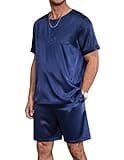 Ekouaer Men Satin Pajamas Set 2 Piece Silk Sleepwear Shorts Button Down Tops Loungewear with Pockets Navy Blue