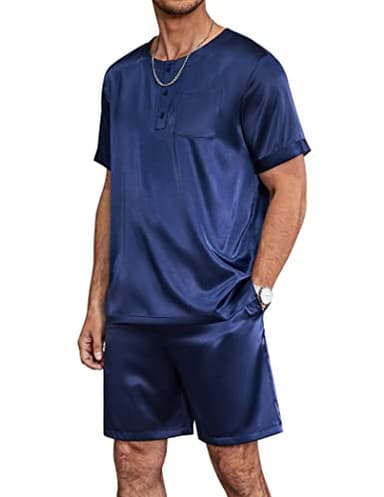 Ekouaer Mens Pajamas Set Silk Satin Pjs Sets Summer Short Sleeve Button Down Sleepwear 2 Piece Loungewear with Pockets Navy Blue