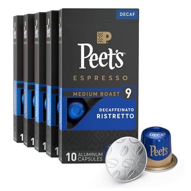 Peet's Coffee, Medium Roast Decaf Espresso Capsules, Compatible with Nespresso Original Machine, Decaffeinated Arabica Coffee - Decaf Ristretto Intensity 10, 50 CT (5 Boxes of 10 Espresso Capsules)