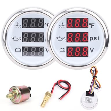 WODHMIEY 3 in 1 Gauge Kit 52mm Digital Oil Pressure Gauge, Water Temperature Gauge, Voltmeter for Car Truck Boat RV Motorcycle, Automotive Gauge Kit with Oil Pressure Sensor, Universal 12V (RED3)