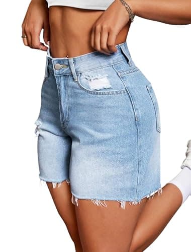 IWD Jean Shorts Womens High Waisted Ripped Casual Denim Shorts Stretchy Raw Hem Jorts 2026 Summer Trendy (Light Blue, Medium)