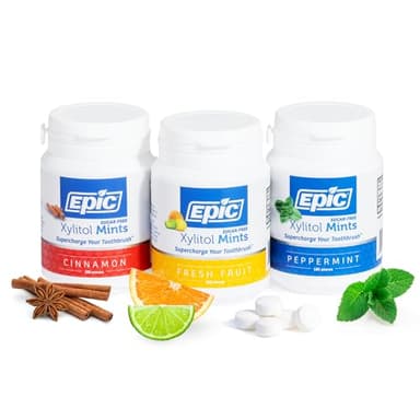 Epic 100% Xylitol Mints - Sugar Free Peppermint, Fresh Fruit, Cinnamon Breath Mints Variety Pack - Aspartame Free, Dry Mouth Relief, Freshens Bad Breath - 180 Pieces (Pack of 3)