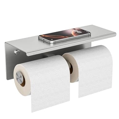FORIOUS Double Toilet Paper Holder with Shelf, Wall Mount Tissue Roll Holder for Bathroom, 304 Stainless Steel Commercial Toilet Tissue Dispensers with Phone Shelf (1, Stainless Steel)