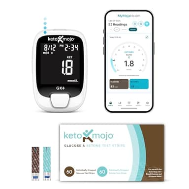 Keto-Mojo GK+ Glucose & Ketone Testing Kit with 140 Test Strips – Advanced Bluetooth Meter with Free App for Ketosis Diabetes & Metabolic Support – Includes 70 Glucose + 70 Ketone Strips