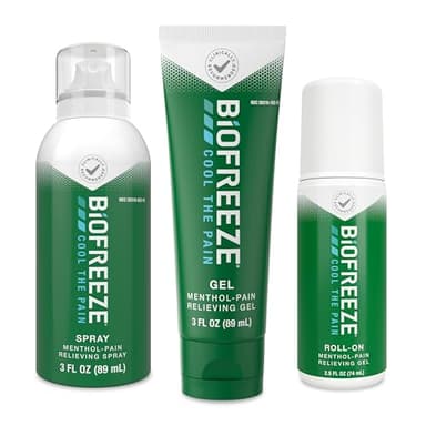 Biofreeze Spray, Gel, & Roll-On Pain Relief Variety Pack, Muscle Pain Relief, Arthritis Pain Reliver, Neck Pain Relief, Cooling Menthol Joint Pain Relief, 3 Fl Oz Spray, 3 Fl Oz Gel, 2.5 Fl Oz Roll On