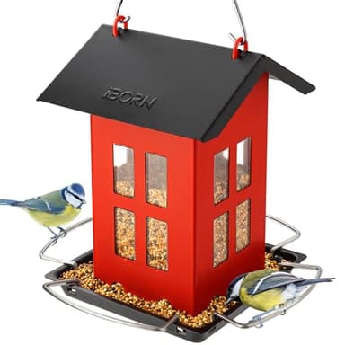 iBorn Bird Feeder House, Metal Bird Feeders for Outdoors Hanging,Double-Sided Metal Hanger & Weatherproof, Easy to Clean & Refill, 1.5 Lbs Capacity, Red
