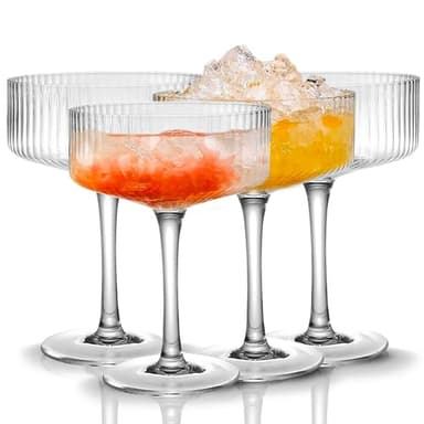 Qipecedm 4 Pcs Ribbed Coupe Glasses, 10 oz Vintage Coupe Glass Set, Unique Martini Glass, Classic Cocktail Galssware, Bar Drinking Glasses Set Pefect for Cocktail, Wine, Champagne & Gift