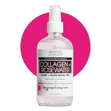 Advanced Clinicals Collagen Rosewater Face Mist Skin Care Reviving & Hydrating Facial Mist for Face | Instant Hydration Face Spray Toner with Pure Rose Water, Collagen, & Natural Extracts, 7.5 Fl Oz