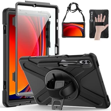 Gerutek Case for Samsung Galaxy Tab S10 Plus/S9 Plus/S9 FE Plus/S8 Plus/S7 Plus/S7 FE 12.4 inch, Full-Body Drop Protective Case with Screen Protector, Pencil Holder, Rotating Hand Stand Strap, Black