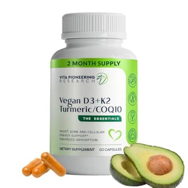 Vita Pioneering Research 5-in-1 Vitamin D3 2000IU + K2Vital Vitamin K2 with Turmeric and COQ10 - with Avocado Powder for Enhanced Absorption - Heart, Bone, Cellular Health Support