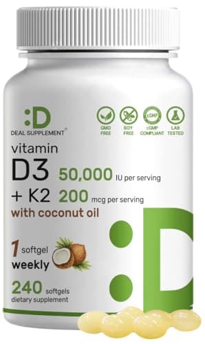 DEAL SUPPLEMENT Vitamin D3 50,000 IU + K2 MK7 200mcg Softgels, 240 Count | 2-in-1 Complex with Virgin Coconut Oil | Supports Heart, Bone, Teeth & Immune Health | Easy to Swallow