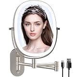FUNTOUCH Wall Mounted Lighted Makeup Vanity Mirror, Double Sided 1X 10X Magnifying Bathroom Mirror, 3 Color Lighting Option Dimmable, Extended Arm 360 Rotation Oval Frame Shaving Light up Mirror