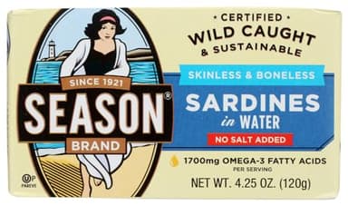 Seasons Sardines No Salt Added Skinless & Boneless in Water 4.25 oz (Pack of 12)