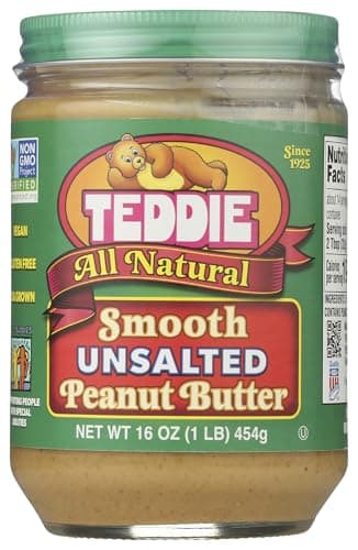 Teddie All Natural Peanut Butter, Smooth Unsalted, Gluten Free & Vegan, 16 Ounce Glass (Smooth Unsalted, Pack of 1)