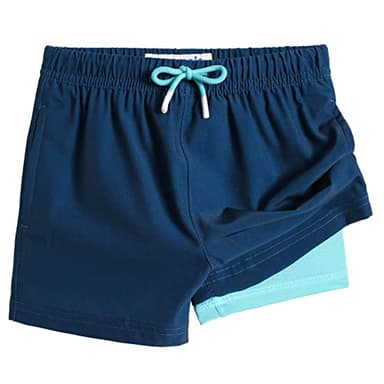 maamgic Boys Swim Trunks with Compression Liner Toddler Stretch Swim Shorts Quick Dry Swimming Trunks Boxer Brief 2 in 1 Beach Shorts Navy Lake Blue 8