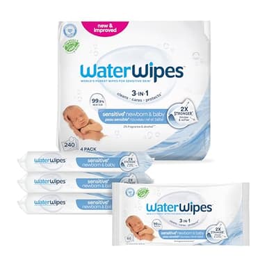WaterWipes Sensitive+ Newborn & Baby Wipes, 3-In-1 Cleans, Cares, Protects, 99.9% Water, Unscented & Hypoallergenic, 240 Count (4 Packs)